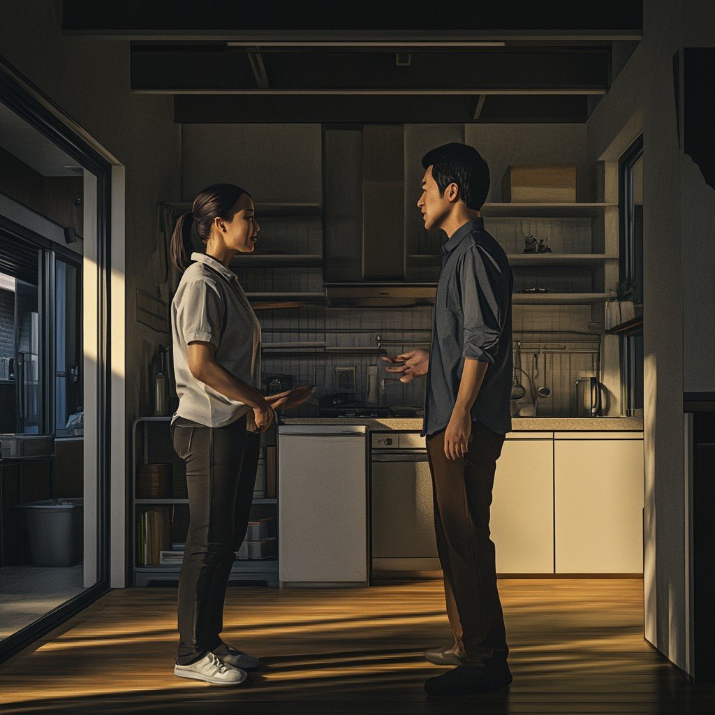 임대인과 임차인이 밝지 않은 표정으로 대화