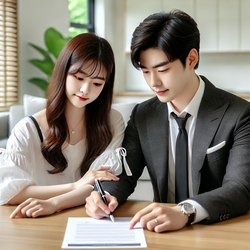 계약서를 보며 상의 하는 신혼부부