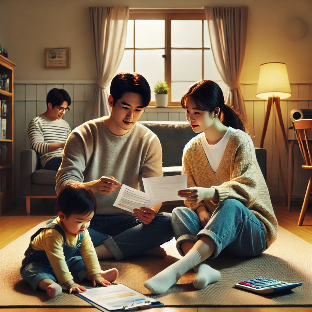 거실에서 가족과 재정을 논의하는 모습