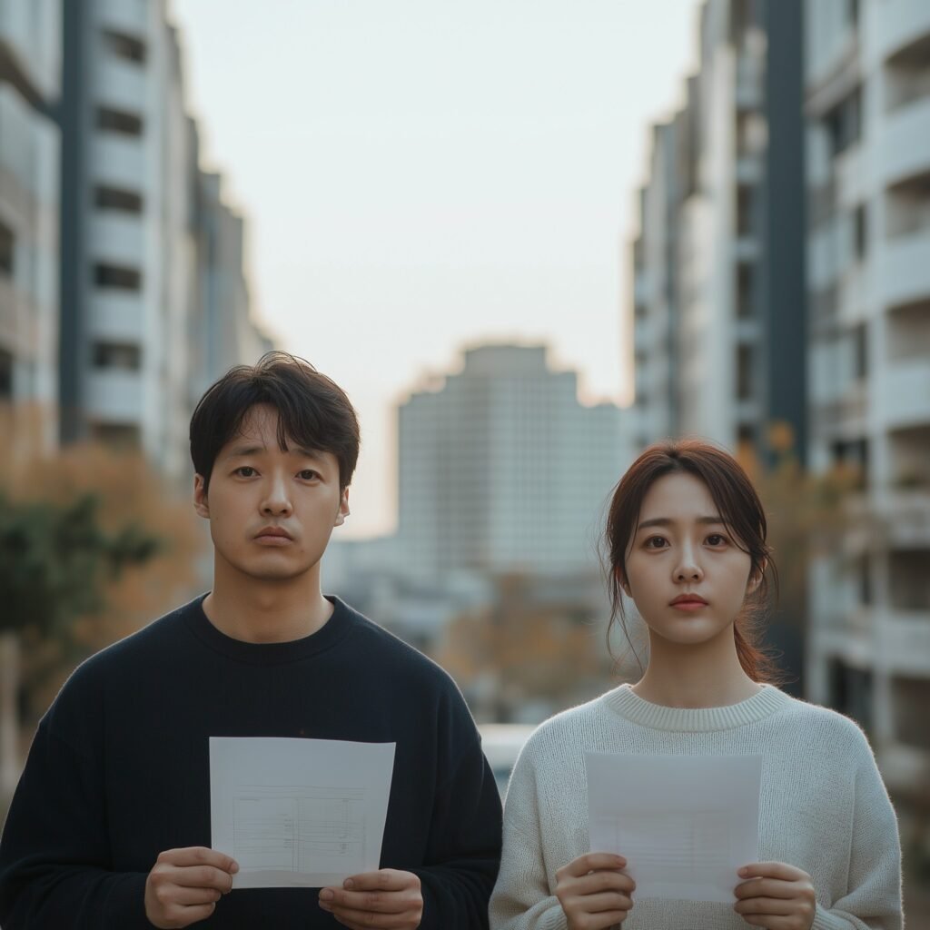 신탁재산 임대차로 계약서를 들고 우울한 세입자 부부