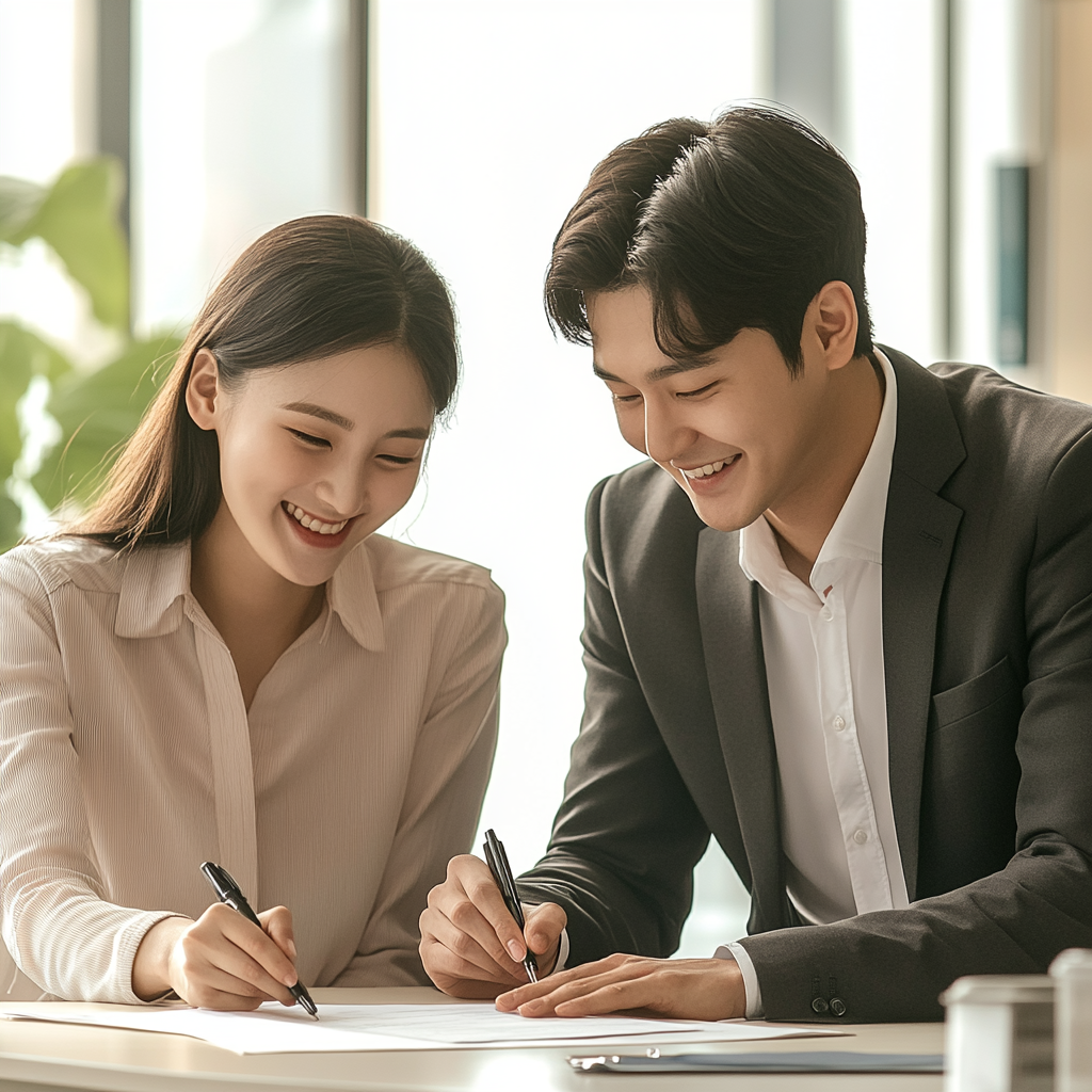 부동산 손피 계약서에 서명하는 거래 당사자