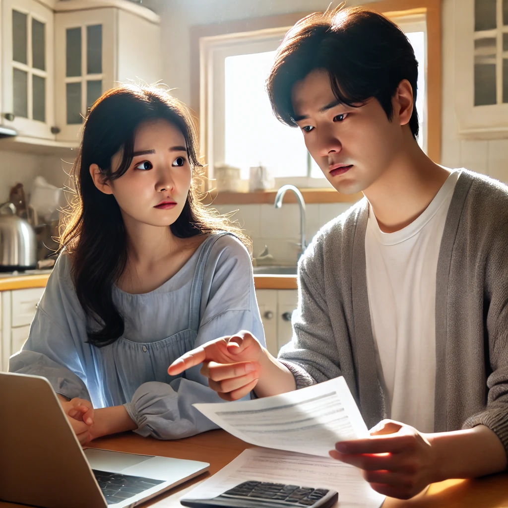 주방 테이블에서 서류를 검토하는 한국인 부부